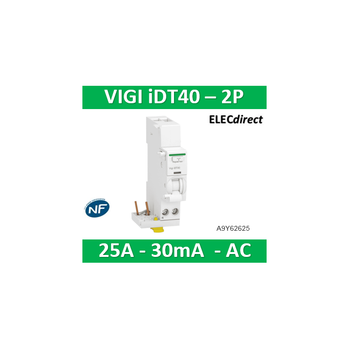 Schneider - Acti9 iDT40 - module différentiel Vigi - départ iDT40 - 1P+N 25A 30mA type AC - A9Y62625