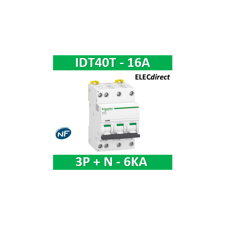 Schneider - Acti9 iDT40T - disjoncteur modulaire - 3P+N - 16A - courbe C - 4500A/6kA - A9P22716