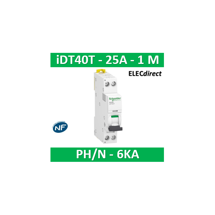 SCHNEIDER - Acti9 iDT40T - disjoncteur modulaire - 1P+N - 25A - courbe C - 4500A/6kA - A9P22625
