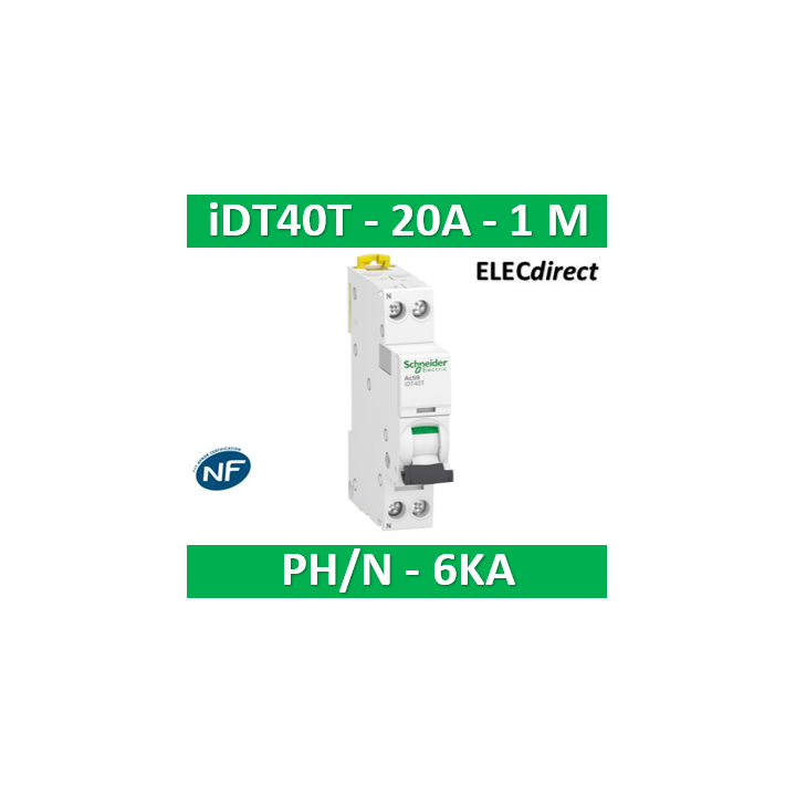 SCHNEIDER - Acti9 iDT40T - disjoncteur modulaire - 1P+N - 20A - courbe C - 4500A/6kA - A9P22620