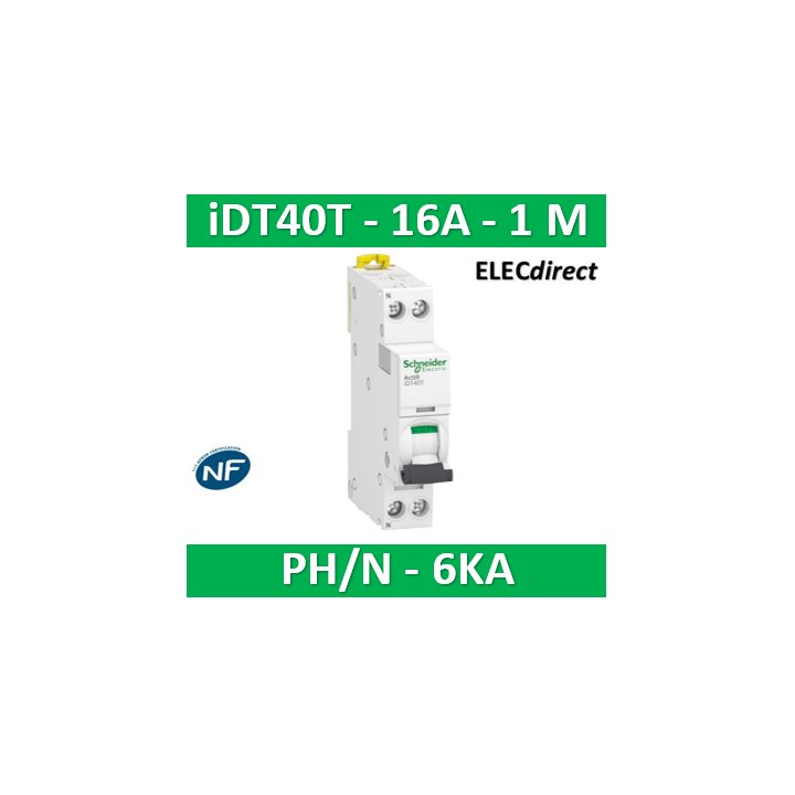 SCHNEIDER - Acti9 iDT40T - disjoncteur modulaire - 1P+N - 16A - courbe C - 4500A/6kA - A9P22616