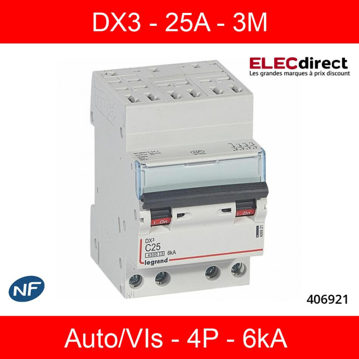 Legrand - Disjoncteur DX3 - auto/vis - 4P - 400 V - 25A - 6kA - courbe C - 3M - 406921