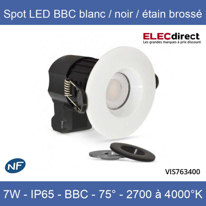 Miidex - Spot LED Ø67 Dimmable blanc/noir/étain brossé - 7W - IP65 - BBC - Angle 75° - 2700 / 3000 / 4000°K - Réf : 763400