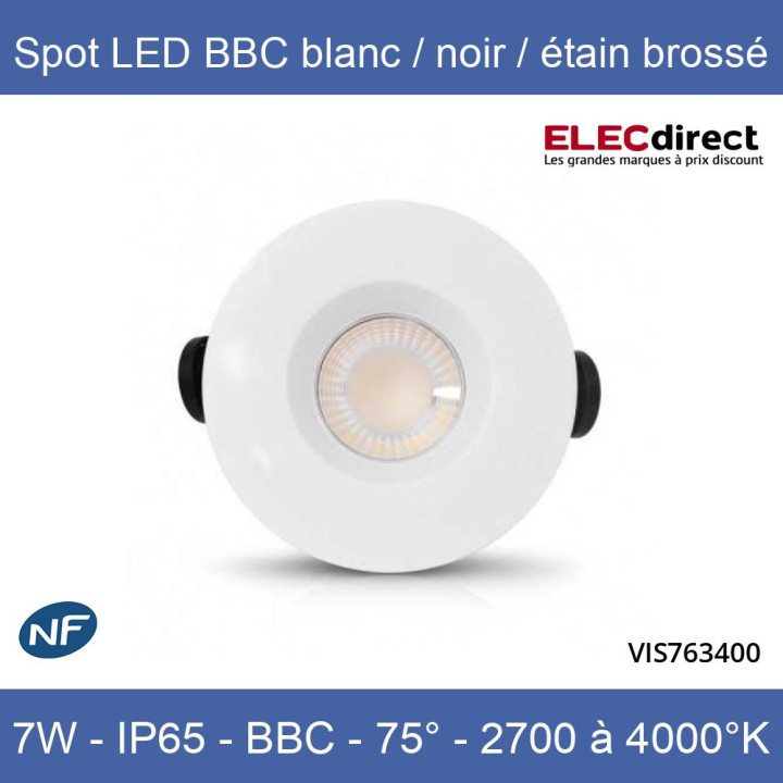 Miidex - Spot LED Ø67 Dimmable blanc/noir/étain brossé - 7W - IP65 - BBC - Angle 75° - 2700 / 3000 / 4000°K - Réf : 763400