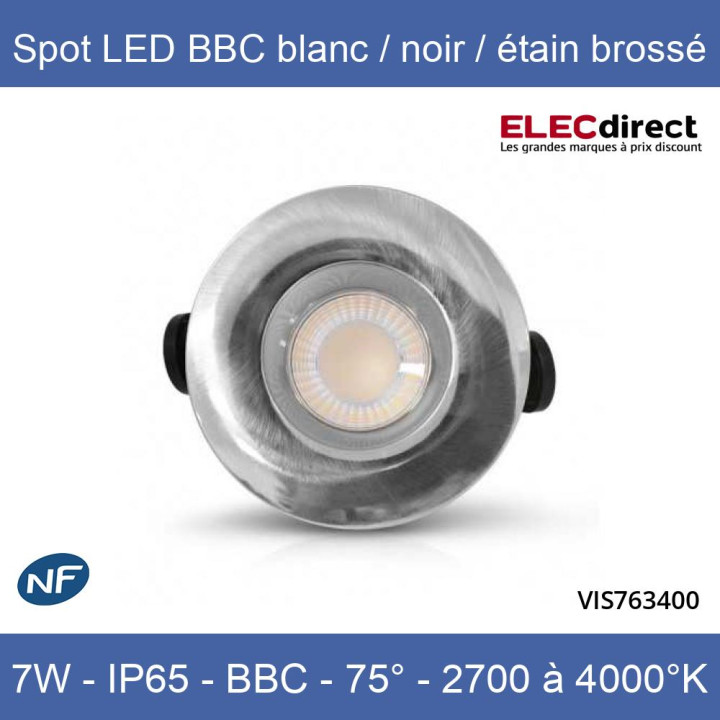 Miidex - Spot LED Ø67 Dimmable blanc/noir/étain brossé - 7W - IP65 - BBC - Angle 75° - 2700 / 3000 / 4000°K - Réf : 763400