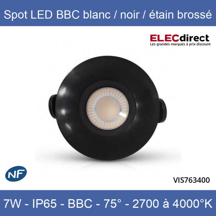 Miidex - Spot LED Ø67 Dimmable blanc/noir/étain brossé - 7W - IP65 - BBC - Angle 75° - 2700 / 3000 / 4000°K - Réf : 763400