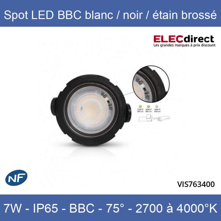 Miidex - Spot LED Ø67 Dimmable blanc/noir/étain brossé - 7W - IP65 - BBC - Angle 75° - 2700 / 3000 / 4000°K - Réf : 763400