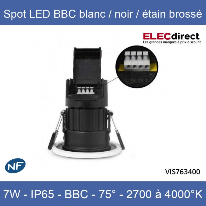 Miidex - Spot LED Ø67 Dimmable blanc/noir/étain brossé - 7W - IP65 - BBC - Angle 75° - 2700 / 3000 / 4000°K - Réf : 763400