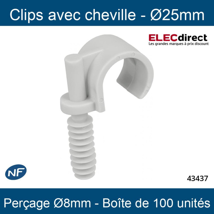Eur'Ohm - Lot de 100 Clips avec cheville type parapluie pour tubes ou gaine de Ø25 mm - Gris - Réf : 43437