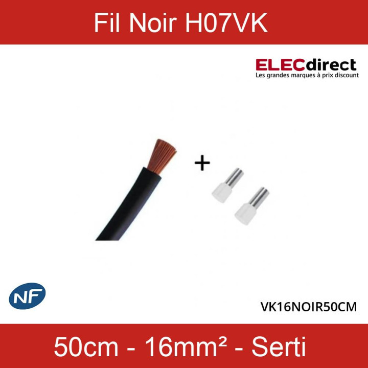Cordon de 50 cm de 16mm² souple Noir + Embout - Réf : VK16NOIR50CM