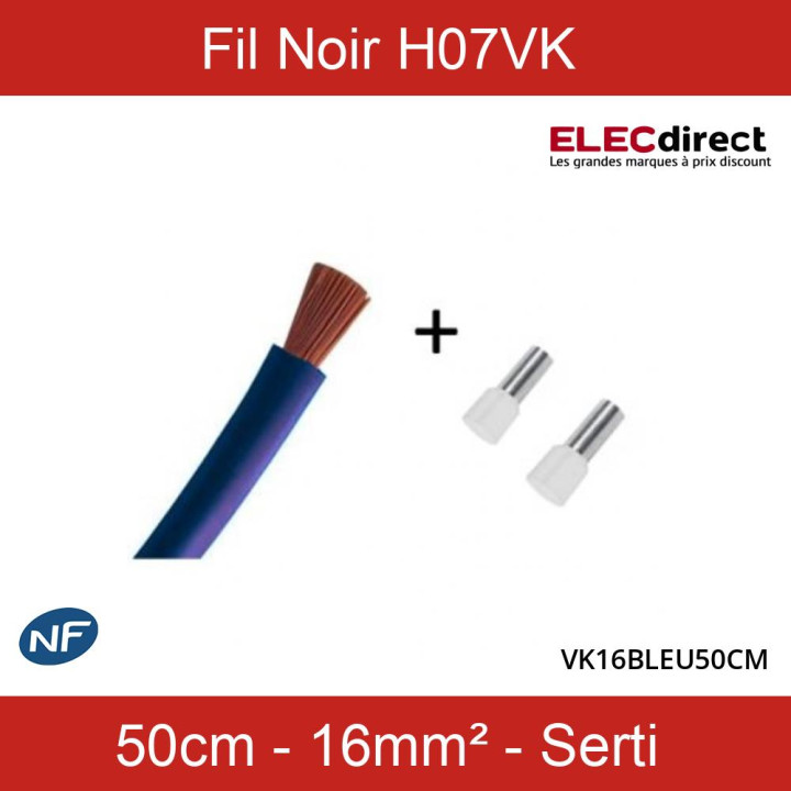 Cordon de 50cm de 16mm² souple Bleu Clair + Embout  - Réf : VK16BLEU50CM