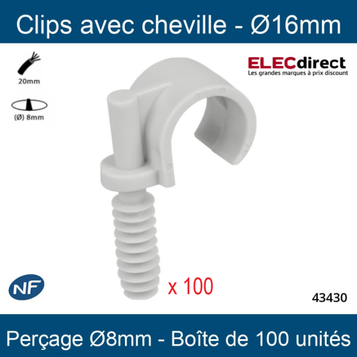 Eur'Ohm - Lot de 100 Clips avec cheville type parapluie pour tubes ou gaine de Ø16 mm - Gris - Réf : 43430