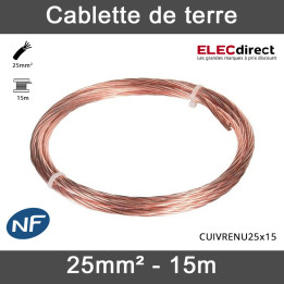 Cablette cuivre nu - Tresse de cuivre nue de 25mm² - Couronne 15m - Réf : CUIVRENU25X15M