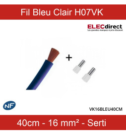 Cordon de 40cm de 16mm² souple Bleu Clair + Embout pour platine DB - Réf : VK16BLEU40CM