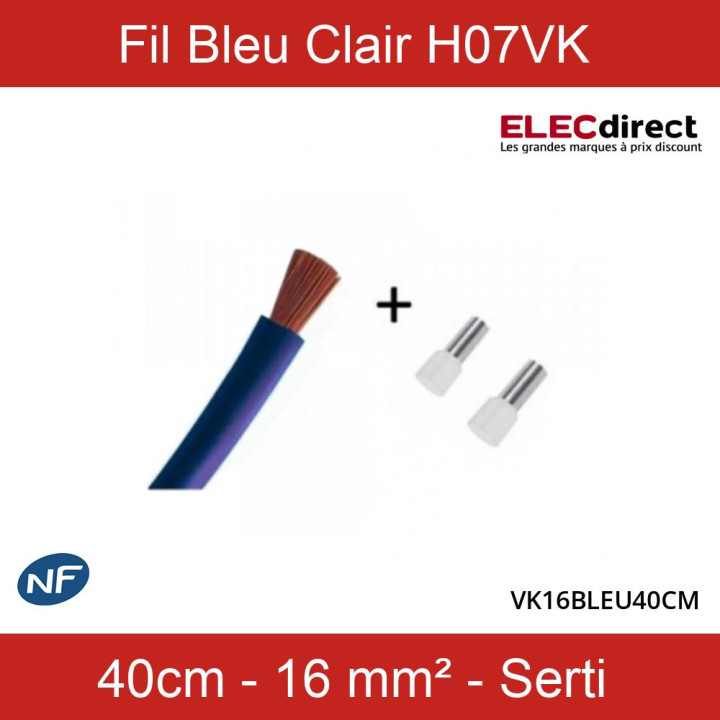 Cordon de 40cm de 16mm² souple Bleu Clair + Embout pour platine DB - Réf : VK16BLEU40CM