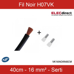 Cordon de 40cm de 16mm² souple Noir + Embout pour platine DB - Réf : VK16NOIR40CM