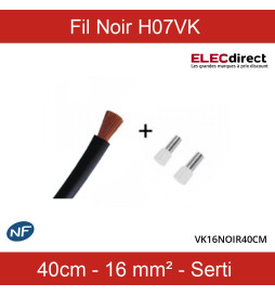 Cordon de 40cm de 16mm² souple Noir + Embout pour platine DB - Réf : VK16NOIR40CM