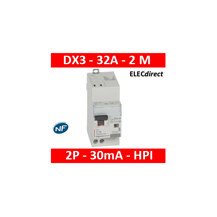 Legrand - Disj diff DX³ 4500 - auto/vis- U+N 230V~ 32A - type F - 30mA - 6kA - courbe C - 2M - 410764