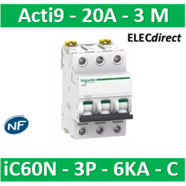Schneider - Acti9 - iC60N - Disjoncteur - 3P - 20A - 6kA - courbe C - Réf : A9F77320