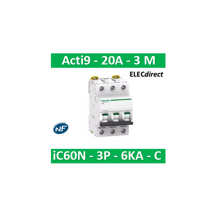 Schneider - Acti9 - iC60N - Disjoncteur - 3P - 20A - 6kA - courbe C - Réf : A9F77320