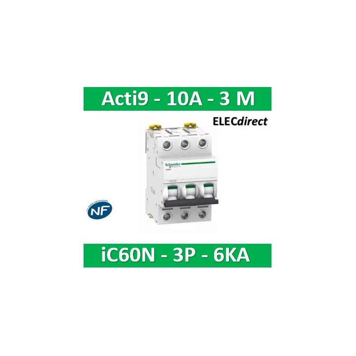 Schneider - Acti9 - iC60N - Disjoncteur - 3P - 10A - 6kA - courbe C - Réf : A9F77310
