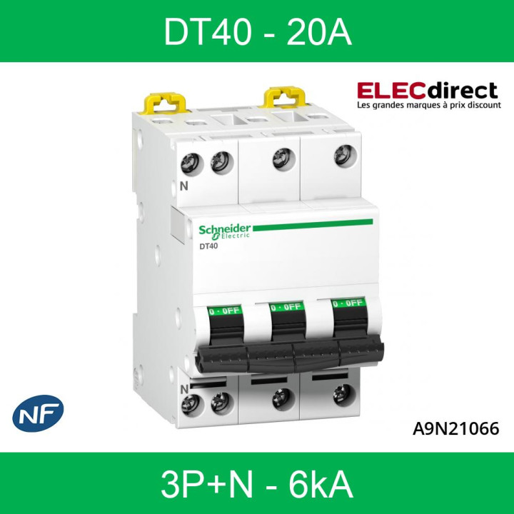 Schneider - RECONDITIONNÉ - DT40 - Disjoncteur 3P+N - 20A - 6kA - courbe C - Réf : A9N21066