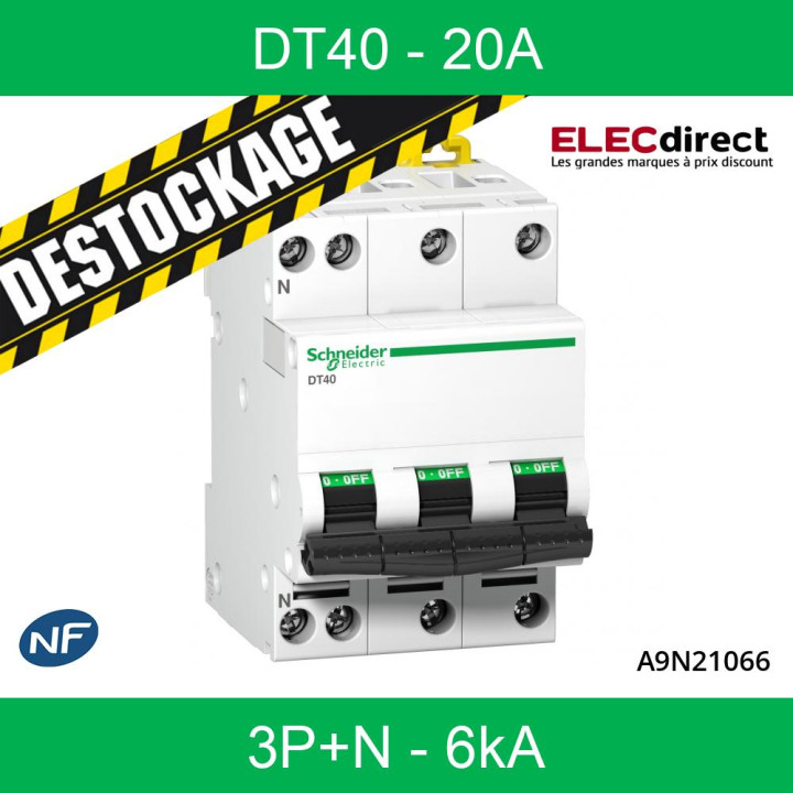 Schneider - RECONDITIONNÉ - DT40 - Disjoncteur 3P+N - 20A - 6kA - courbe C - Réf : A9N21066