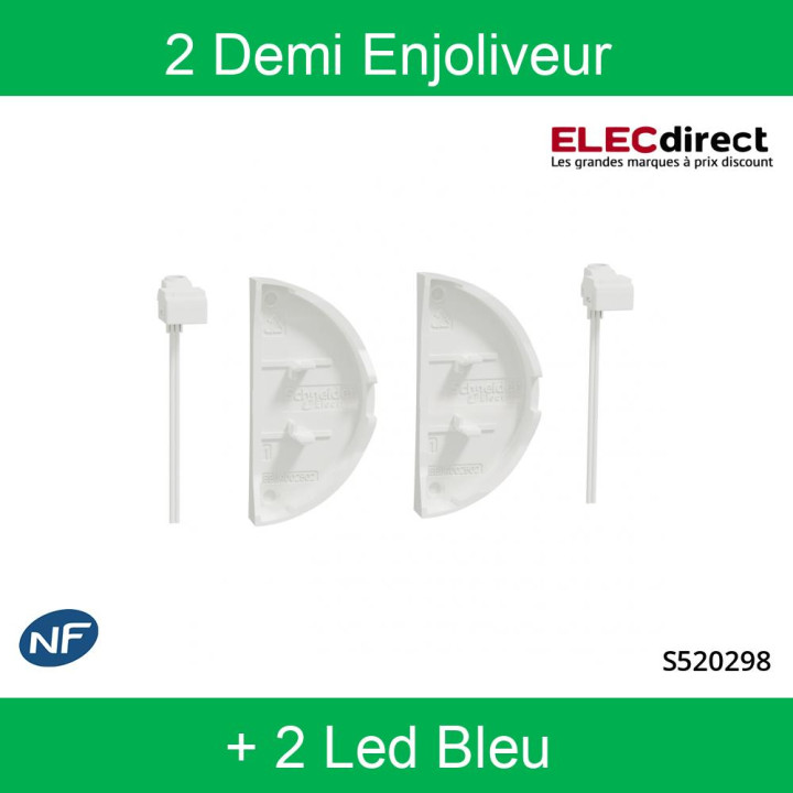 Schneider Odace - 2 demi enjoliveur Blanc livré avec 2 LED bleu 0,15 mA connexion par câble - S520298