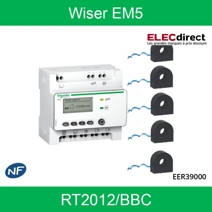 Schneider - Compteur RT2012 - 5 entrées 230V MONO - Wiser - EM5 + 5 tores - EER39000