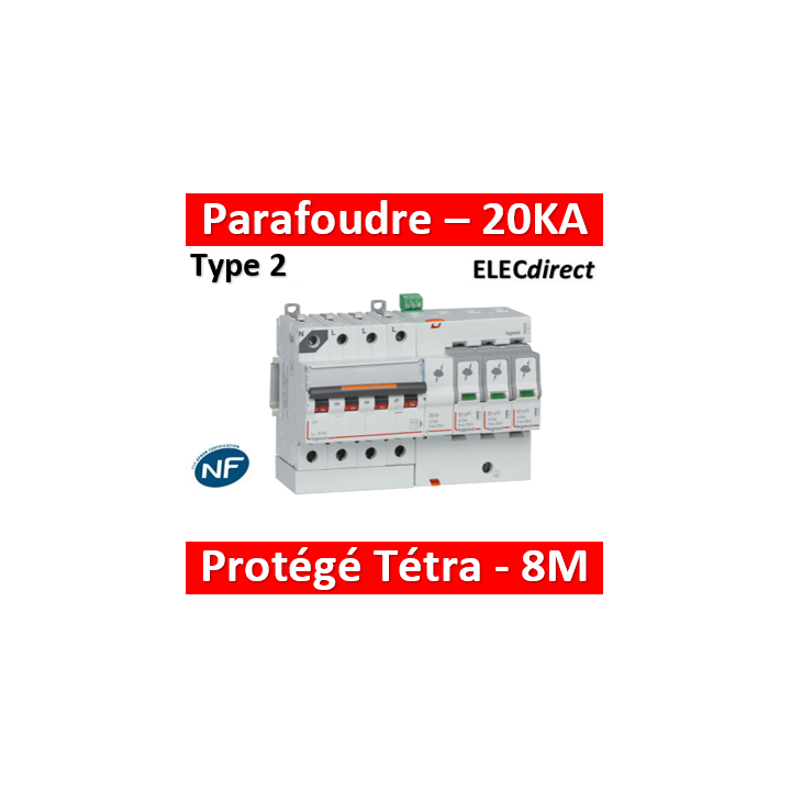 Legrand - Parafoudre basse tension T2, protégé - Imax 20 kA/pôle- 3P+N 320V - 8 mod - 412211