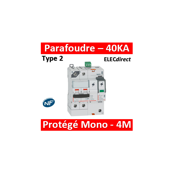 Legrand - Parafoudre T2, protégé - Imax 40 kA/pôle- 1P+N 320V - 4 mod - 412214