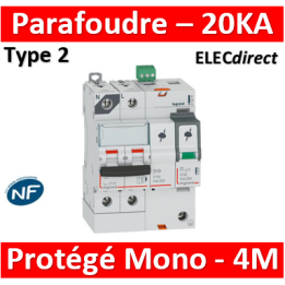 Legrand - Parafoudre T2, protégé - Imax 20 kA/pôle- 1P+N 320V - 4 mod - 412210