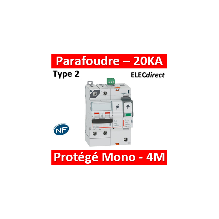Legrand - Parafoudre T2, protégé - Imax 20 kA/pôle- 1P+N 320V - 4 mod - 412210