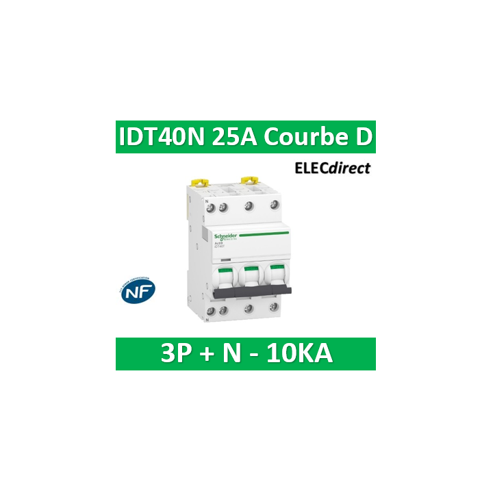 Schneider - Acti9 IDT40N - disjoncteur modulaire - 3p+n D 25A 6000A/10KA - A9P34725