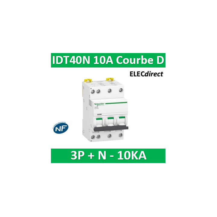 Schneider - Acti9 IDT40N - disjoncteur modulaire - 3p+n D 10A 6000A/10KA - A9P34710