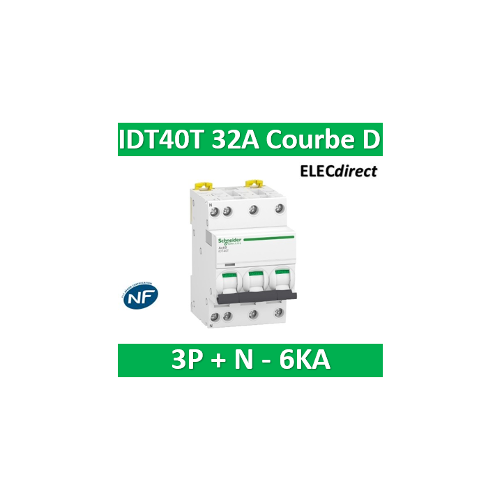 Schneider - Acti9 IDT40T - disjoncteur modulaire - 3p+n - 32A - courbe D - 4500A/6KA - A9P32732