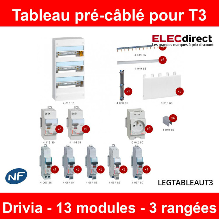 Legrand - Tableau électrique pré-équipé et pré-câblé pour T3 - Drivia - 13 modules - 3 Rangées - AUTO - Réf: LEGTABLEAUT3