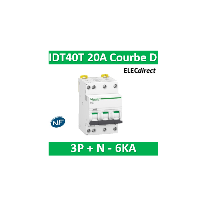Schneider - Acti9 IDT40T - disjoncteur modulaire - 3p+n - 20A - courbe D - 4500A/6KA - A9P32720