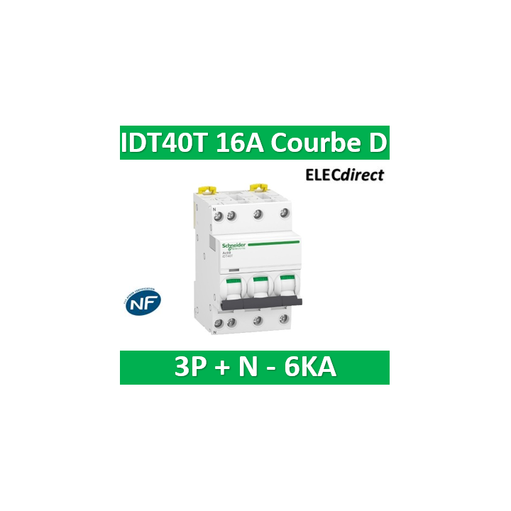 Schneider - Acti9 IDT40T - disjoncteur modulaire - 3p+n - 16A - courbe D - 4500A/6KA - A9P32716