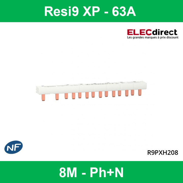Schneider - Resi9 XP - Peigne Horizontal Monobloc - Neutre + Phase - 8M - 63A - Réf : R9PXH208