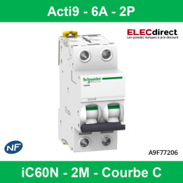 Schneider - Acti9 - iC60N - Disjoncteur - 2P - 6A - 6kA - courbe C - Réf : A9F77206