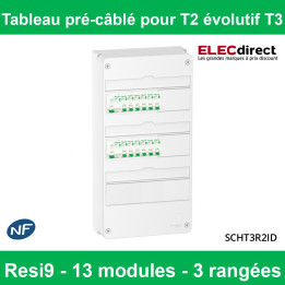 Schneider - Tableau électrique pré-équipé et pré-câblé pour T2 évolutif T3 - Rési9 - 13 modules - 3 Rangées XE - Réf: SCHT3R2ID