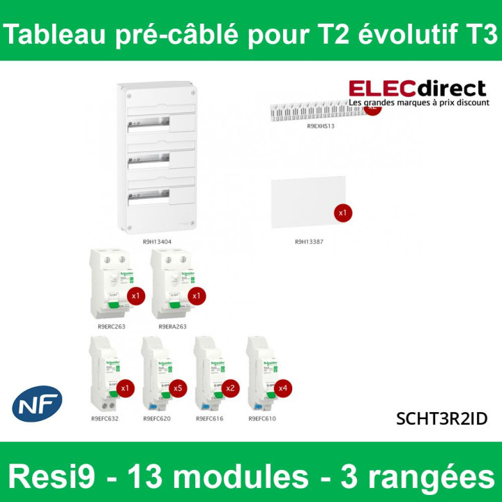 Schneider - Tableau électrique pré-équipé et pré-câblé pour T2 évolutif T3 - Rési9 - 13 modules - 3 Rangées XE - Réf: SCHT3R2ID