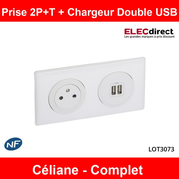 Legrand - Prise de courant 2P+T + Prise double USB Complet - 16A - Blanc - Réf : LOT3073