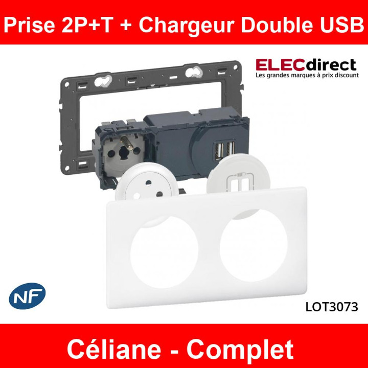Legrand - Prise de courant 2P+T + Prise double USB Complet - 16A - Blanc - Réf : LOT3073