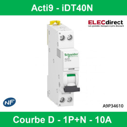 Schneider - Acti9 iDT40N - Disjoncteur modulaire 10A - 1P+N -D - Réf : A9P34610