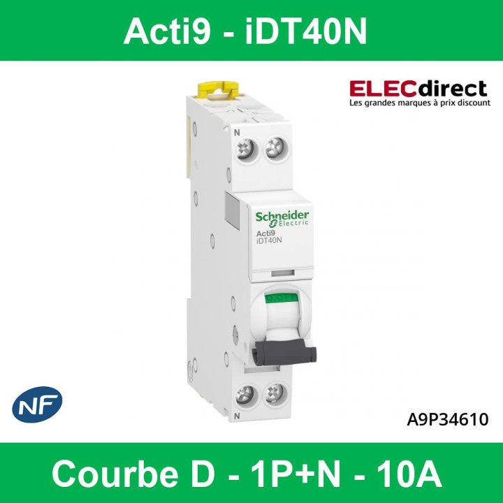 Schneider - Acti9 iDT40N - Disjoncteur modulaire 10A - 1P+N -D - Réf : A9P34610