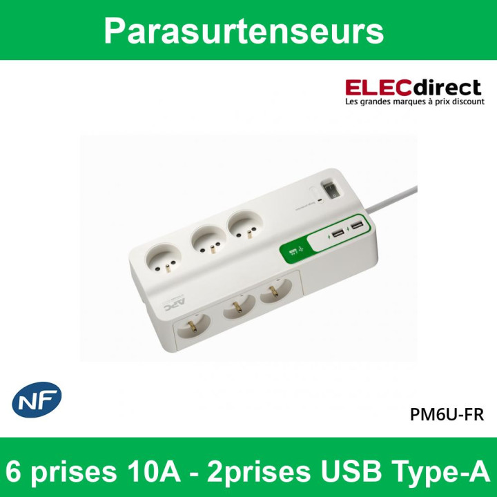 Schneider - APC - SurgeArrest - Parasurtenseurs - 6 prises 10A - 2 prises USB - Réf : PM6U-FR
