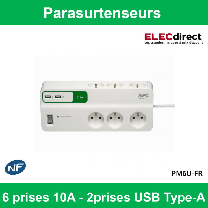 Schneider - APC - SurgeArrest - Parasurtenseurs - 6 prises 10A - 2 prises USB - Réf : PM6U-FR