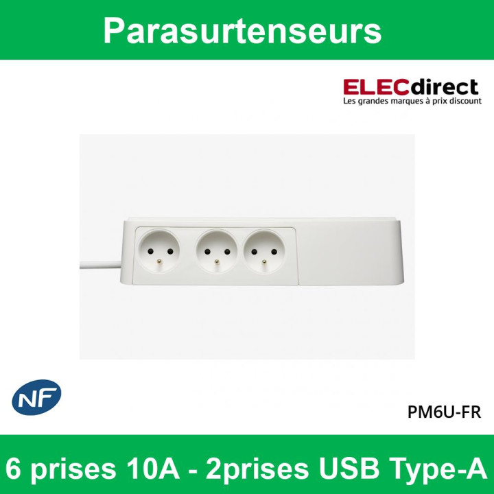 Schneider - APC - SurgeArrest - Parasurtenseurs - 6 prises 10A - 2 prises USB - Réf : PM6U-FR